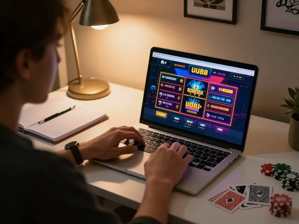 Engaging user focused on UU88 online casino gaming on laptop in a cozy home setting.
