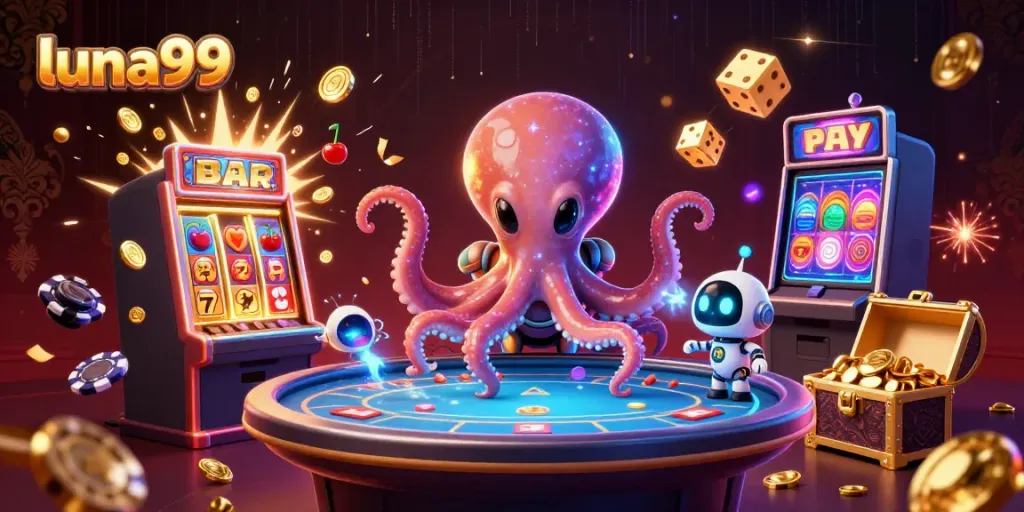 Luna99 memperlihatkan permainan kartu yang menarik dengan alien dan robot, serta simbol jackpot
