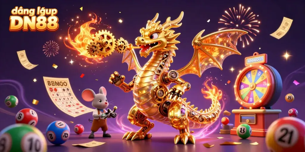 Engage in gaming magic with our illustration for đăng nhập DN88 featuring a mythical dragon and casino elements.