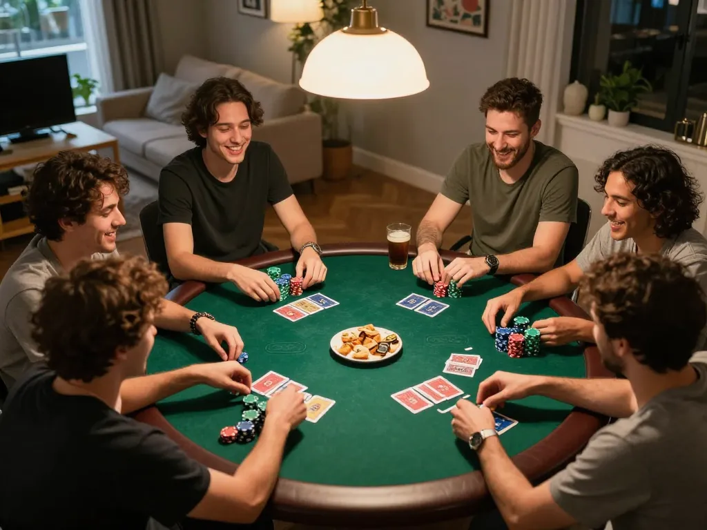 Teman-teman menikmati poker di rumah, menggambarkan strategi permainan alexis500 dan kesenangan