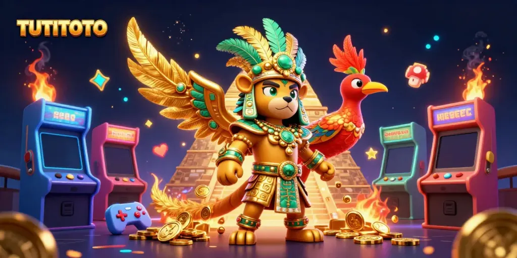 TUTITOTO shows dynamic Mayan jaguar priest with golden pyramid and gaming elements, promising an exciting betting experience.