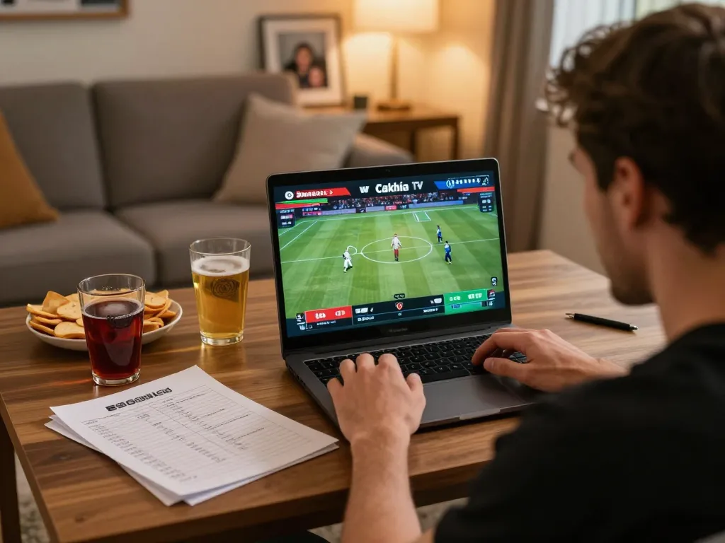 Engaged player enjoying Cakhia tv sports betting live stream in cozy home atmosphere