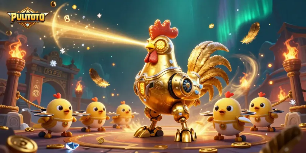 Engage in thrilling gaming with PULITOTO's vibrant, action-packed illustration featuring a futuristic rooster robot.