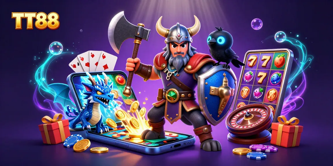 TT88 showcases a Viking warrior and dragon amidst vibrant slot game elements bustling with excitement.
