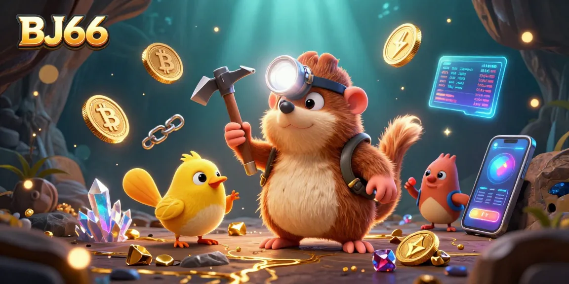 Experience BJ66 gaming excitement with the treasure hunter mole and canary in a dynamic casino scene.