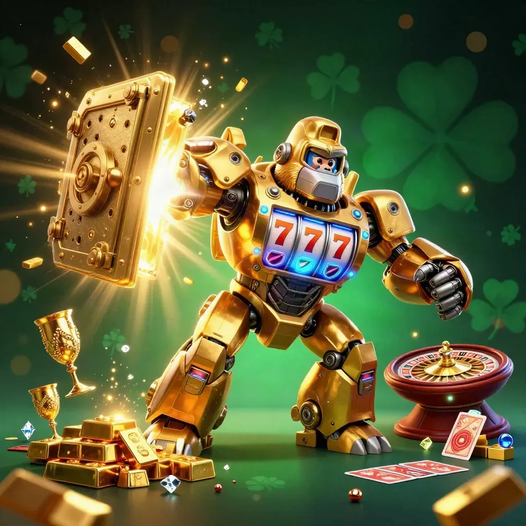 Gorila mech emas dengan monyet pilot, brankas, emas, permata, dan cahaya neon di latar gelap.