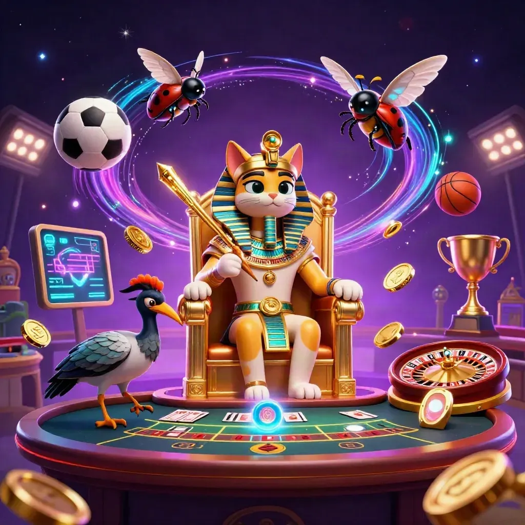 Kucing firaun kartun 3D di singgasana emas, dikelilingi bola, koin, dan efek neon.