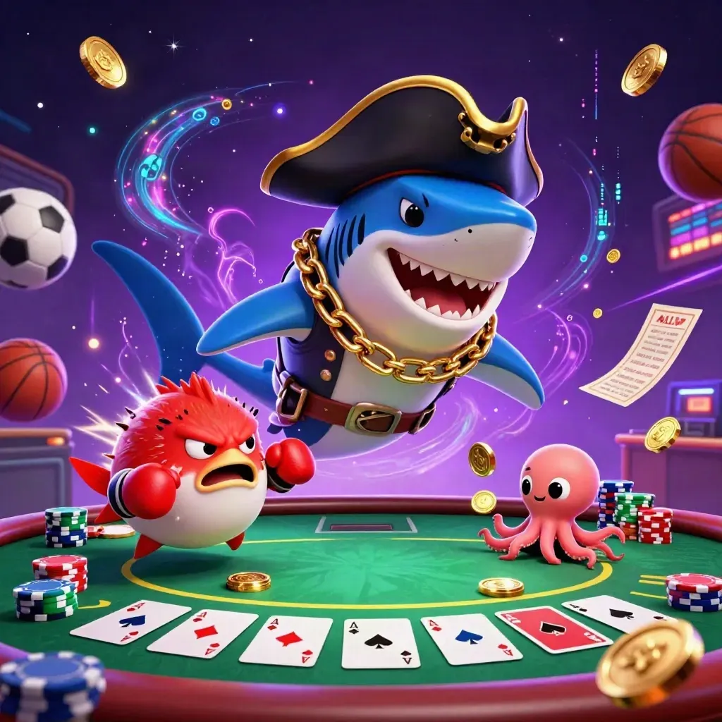 Hiu bajak laut, ikan buntal, dan gurita kecil dikelilingi chip, koin, bola, dan kartu neon.