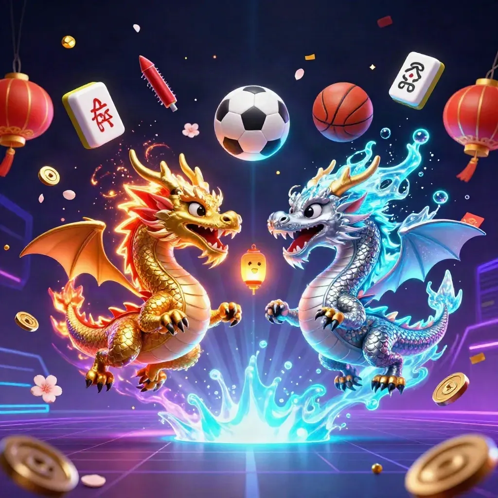 Naga emas dan perak bertarung di tengah bola, efek neon, dan elemen kasino meledak di udara.
