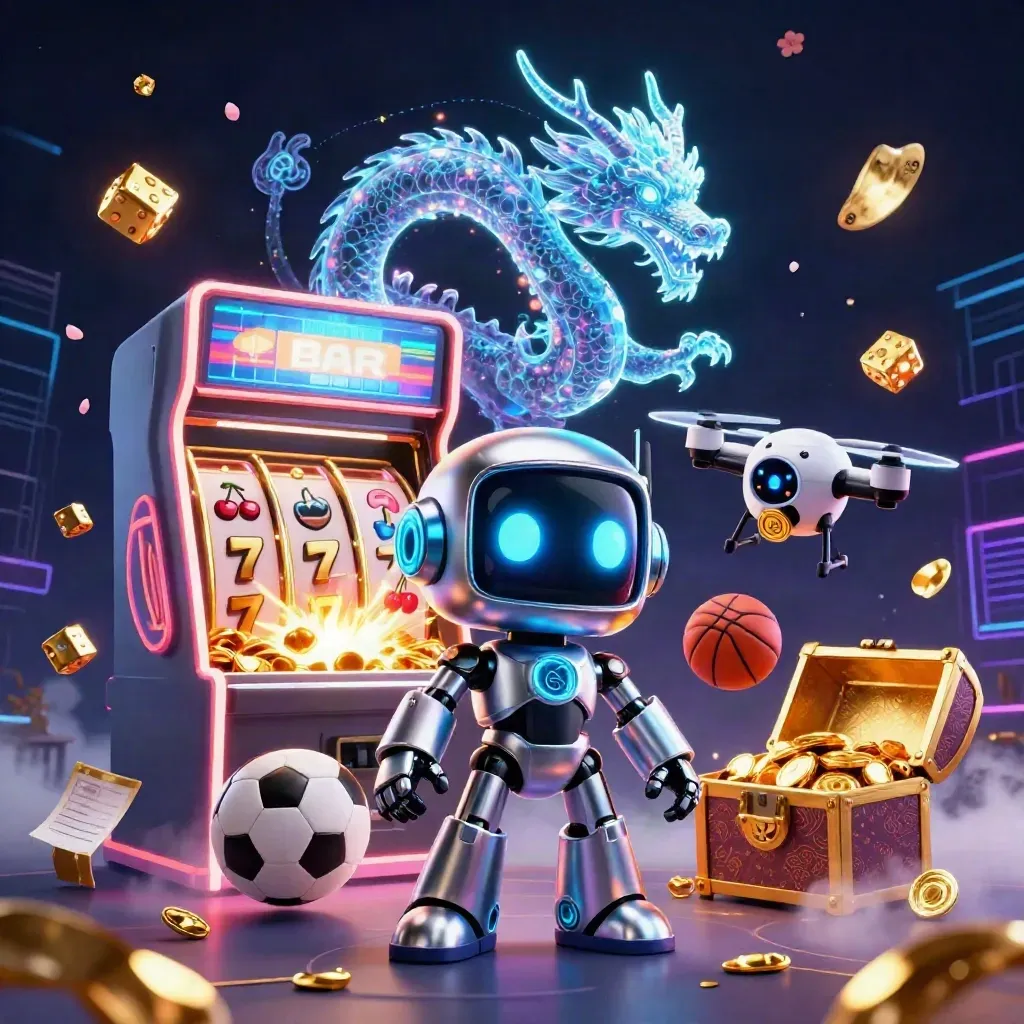 Robot cyberpunk, naga hologram, bola sepak dan basket, mesin slot meledak, nuansa kasino neon premium.