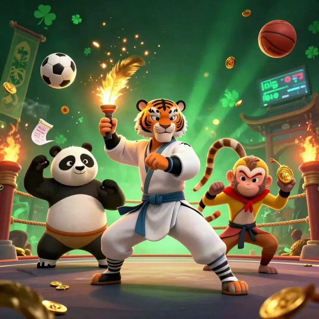 Harimau kung-fu, panda, dan monyet di ring api dengan bola, koin, dan cahaya emas.