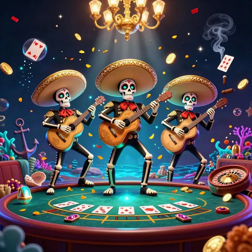 Tiga kerangka mariachi di kasino bawah laut, dengan karang, koin emas, kartu, dan cahaya neon mewah.