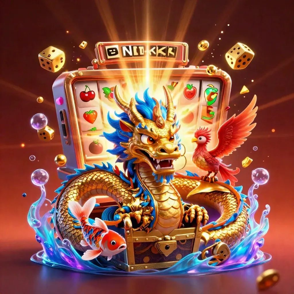 Naga emas, phoenix merah, dan koi melesat saat mesin slot meledak di latar merah gelap.