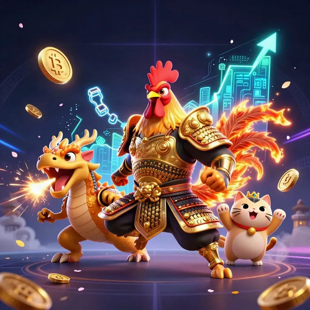 Ayam samurai, naga kecil, dan kucing keberuntungan dikelilingi koin kripto neon.