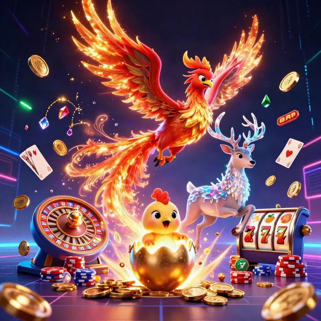 Burung phoenix, anak phoenix, dan rusa mistis di antara koin, permata, dan cahaya neon biru.