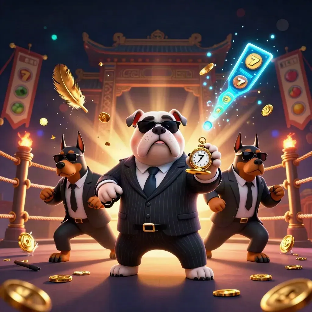 Bulldog mafia 3D dengan dua doberman, koin emas, kuil, dan ledakan cahaya biru neon.