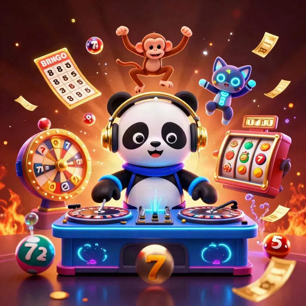 Panda DJ, monyet breakdance, dan kucing rave dikelilingi bola, tiket, dan cahaya neon.