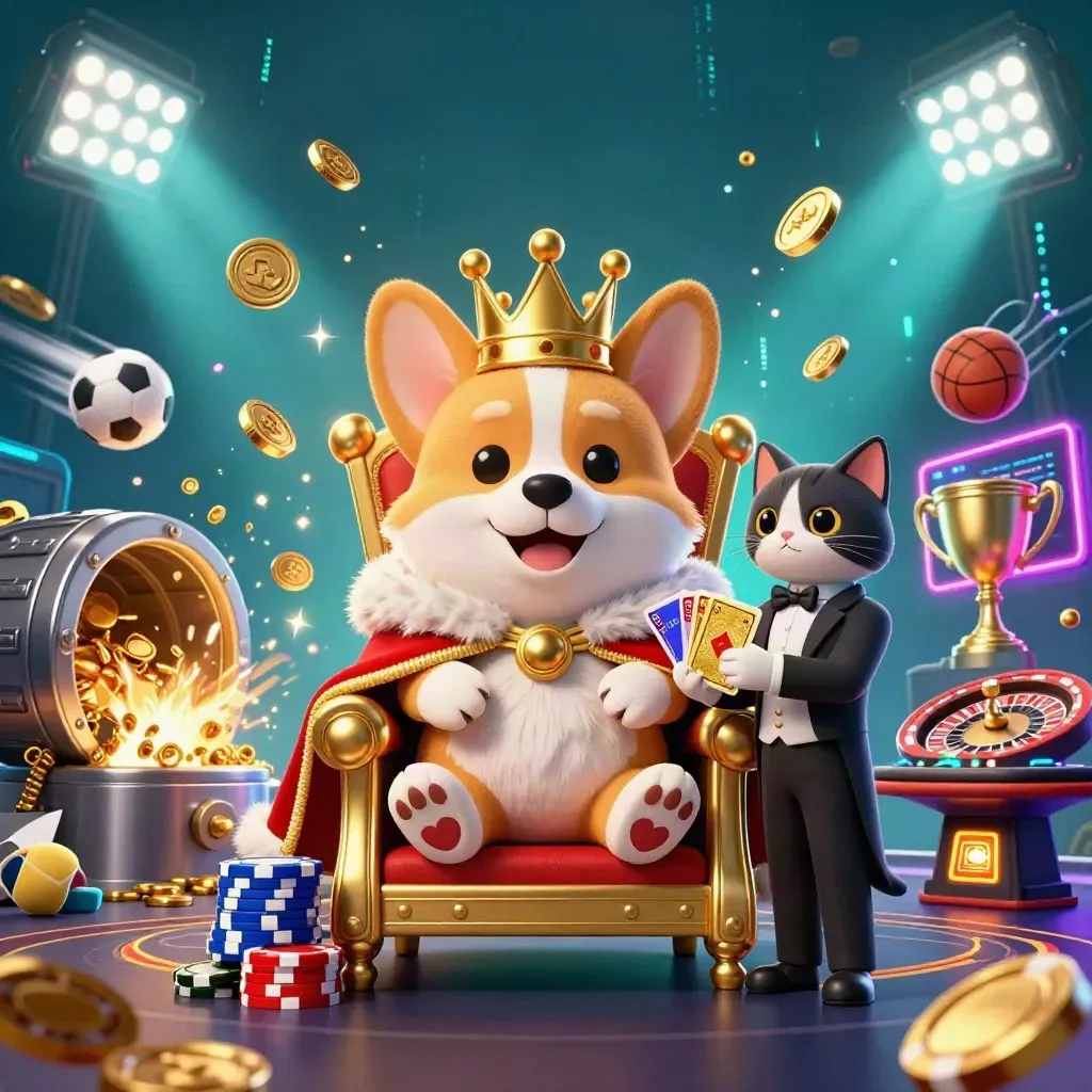 Kucing raja dan pelayan kartun di antara koin emas, bola olahraga, dan efek neon kasino