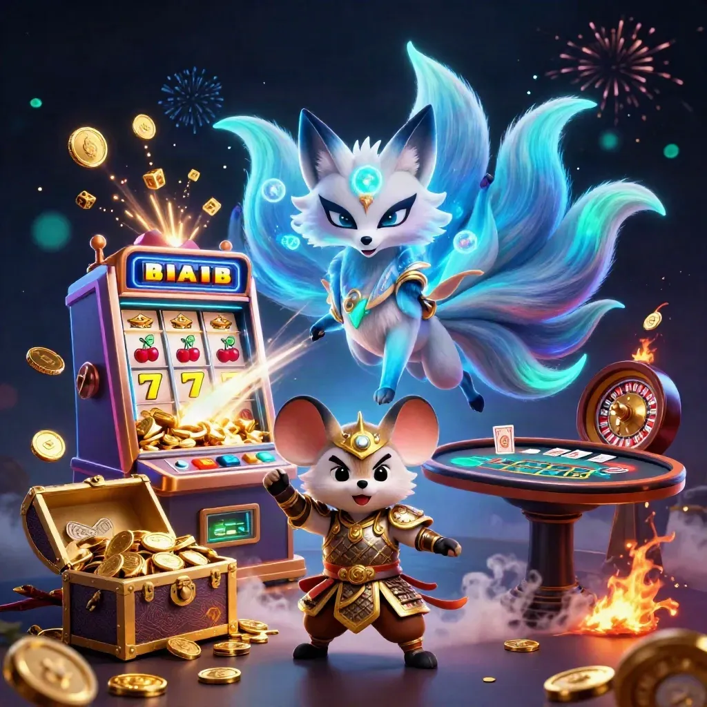 Rubah roh berekor sembilan dan tikus samurai emas dikelilingi koin, slot, peti harta, dan efek neon.