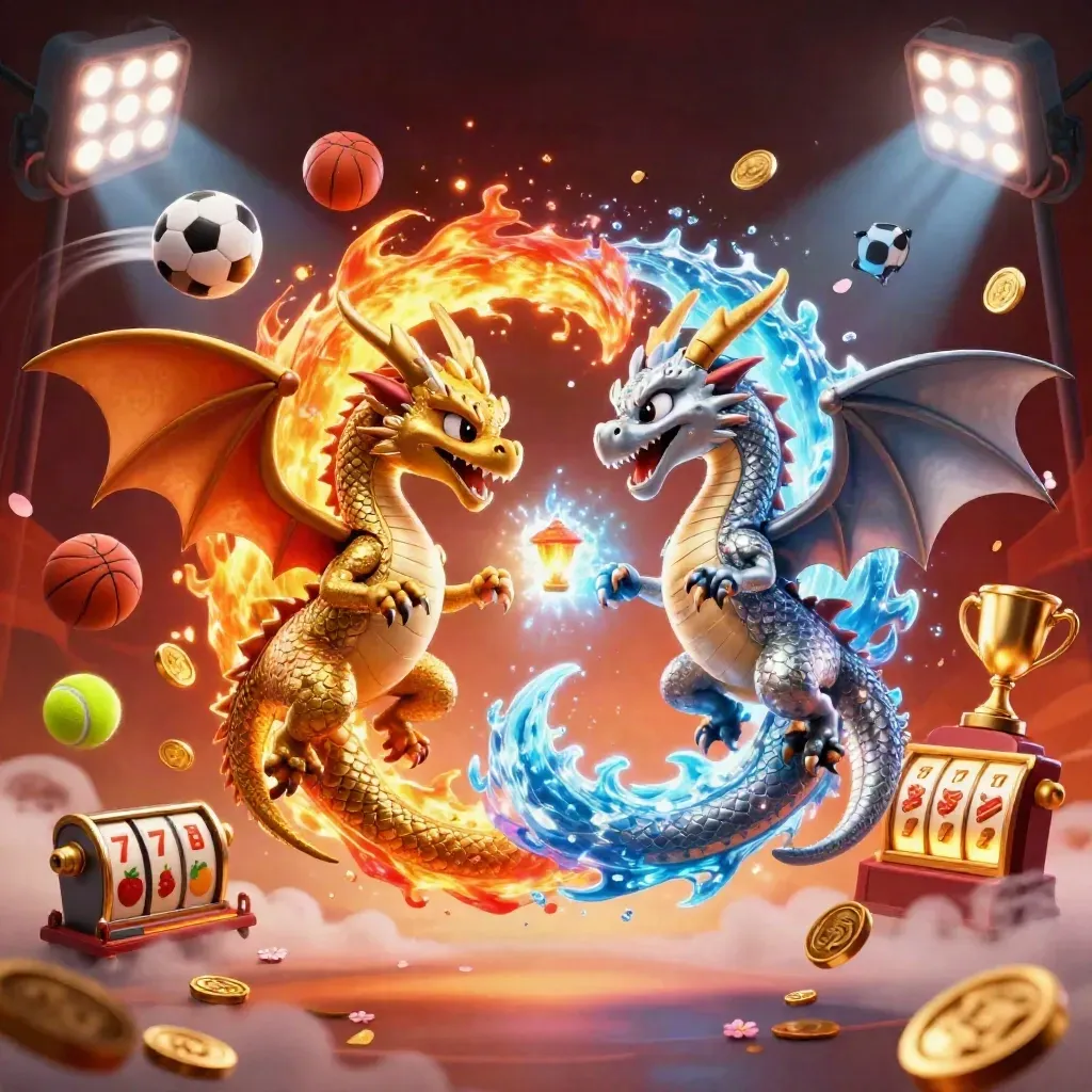 Dua naga kartun emas dan perak berpilin, dikelilingi bola, koin, peti slot, dan cahaya neon.