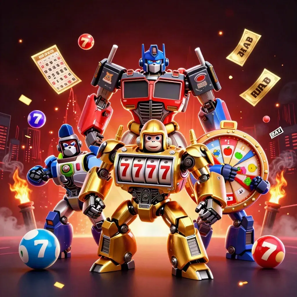 Gorila mech emas dengan pilot monyet, bola lotre, roda hadiah, dan api neon di latar kota gelap.