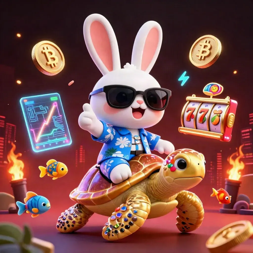 Kelinci lucu di atas kura-kura emas dikelilingi koin kripto dan efek neon.