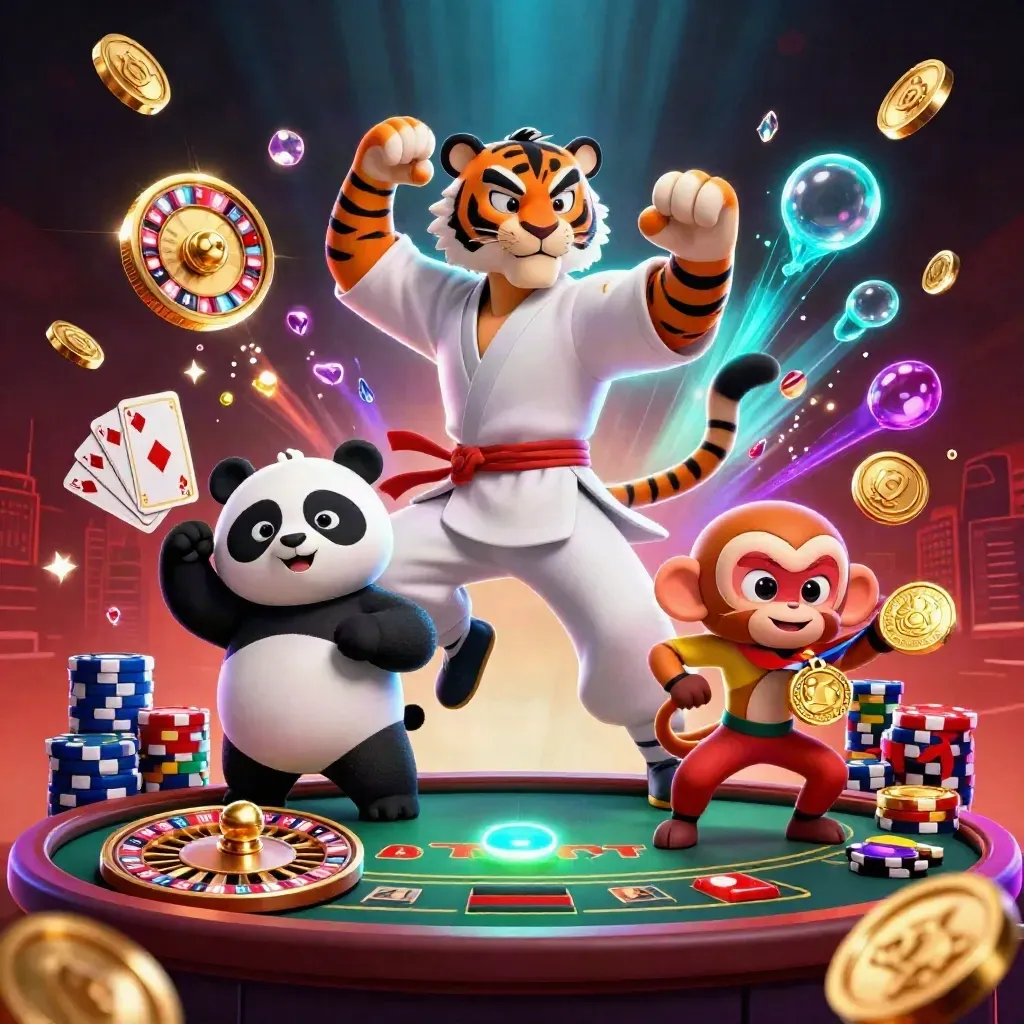 Harimau kung-fu, panda, dan monyet di ledakan koin, kartu, dan cahaya neon kasino.