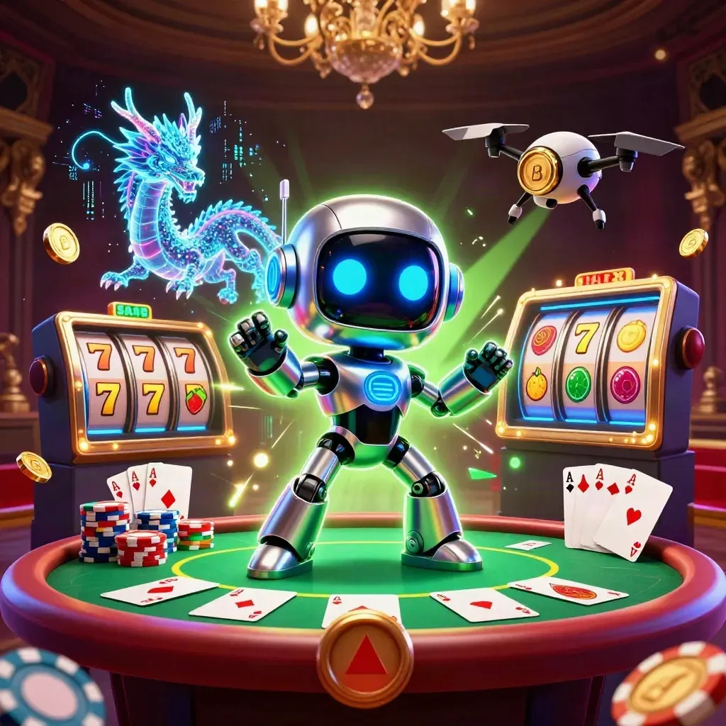 Robot cyberpunk, naga hologram, dan drone koin di meja poker neon dengan kilat emas.