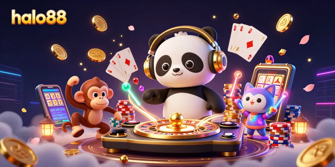 Experience the thrilling world of halo88 with a DJ panda, dancing monkey, and kitten amidst casino elements.