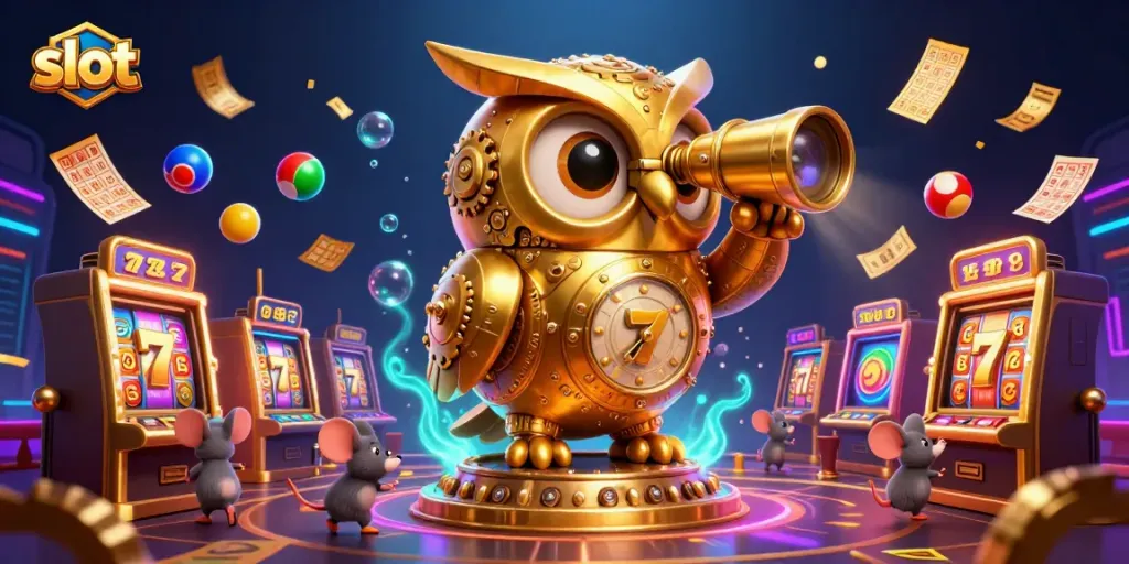 Mendapatkan kemenangan slot melalui simbol beruntun dalam ilustrasi kasino 3D dinamis.