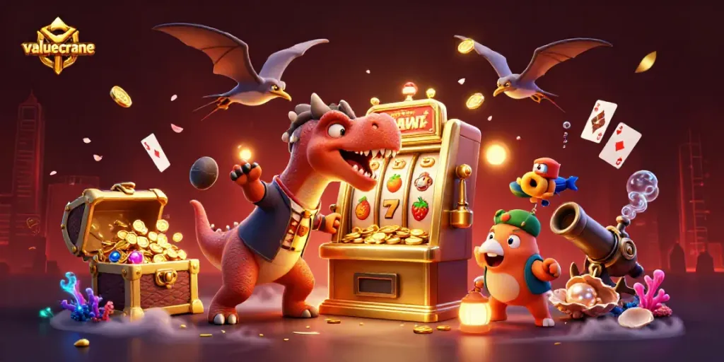 Valuecrane menampilkan dinosaurus yang bertanduk memberikan jackpot di mesin slot emas, dikelilingi harta karun dan permainan kartu.