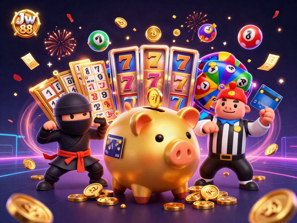 Celebrate wins with Jw 88 as a golden piggy bank sumo wrestler and companions create jackpot excitement.