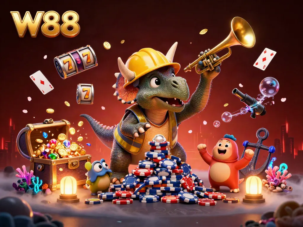 W88 casino rewards await as the triceratops builds poker chips and celebrates victory.