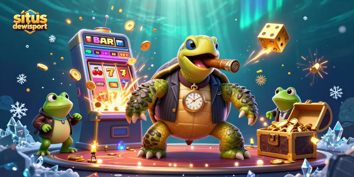 Situs dewisport showcasing vibrant 3D illustration of a mobster turtle and bullfrog enforcers on a dynamic casino floor