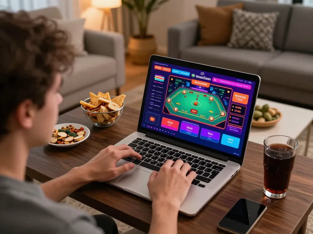 Engaging online casino gameplay on laptop showcasing go8 app, dynamic gaming atmosphere at home