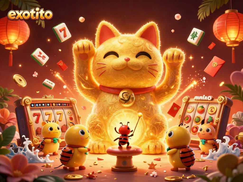 Permainan slot eksklusif Exototo dengan simbol keberuntungan dan detail warna-warni yang menakjubkan.