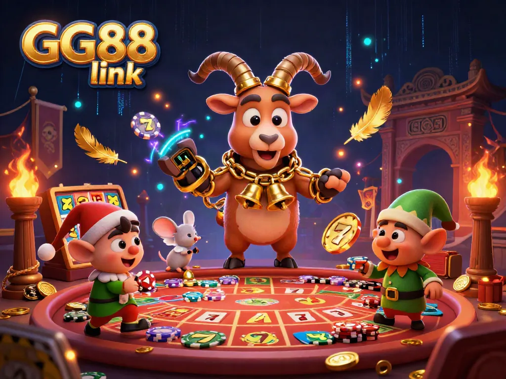 Engage in fun casino action with GG88 link while a Krampus manages a holiday-themed scene.