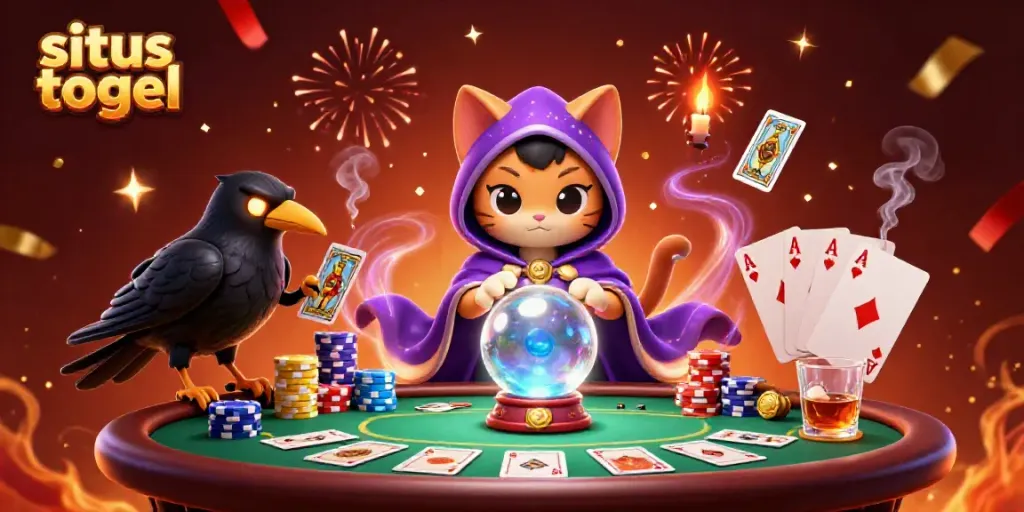 Memenangkan angka di situs togel dengan kartu poker terbuka dan tumpukan chip, dikelilingi cahaya berkilau dan efek magis.