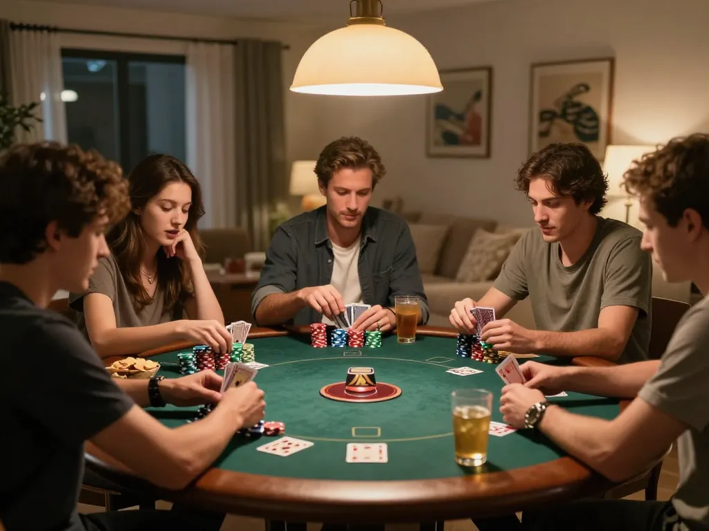 Players engaged in a poker game during an intimate home night, representing 888new com gaming excitement.