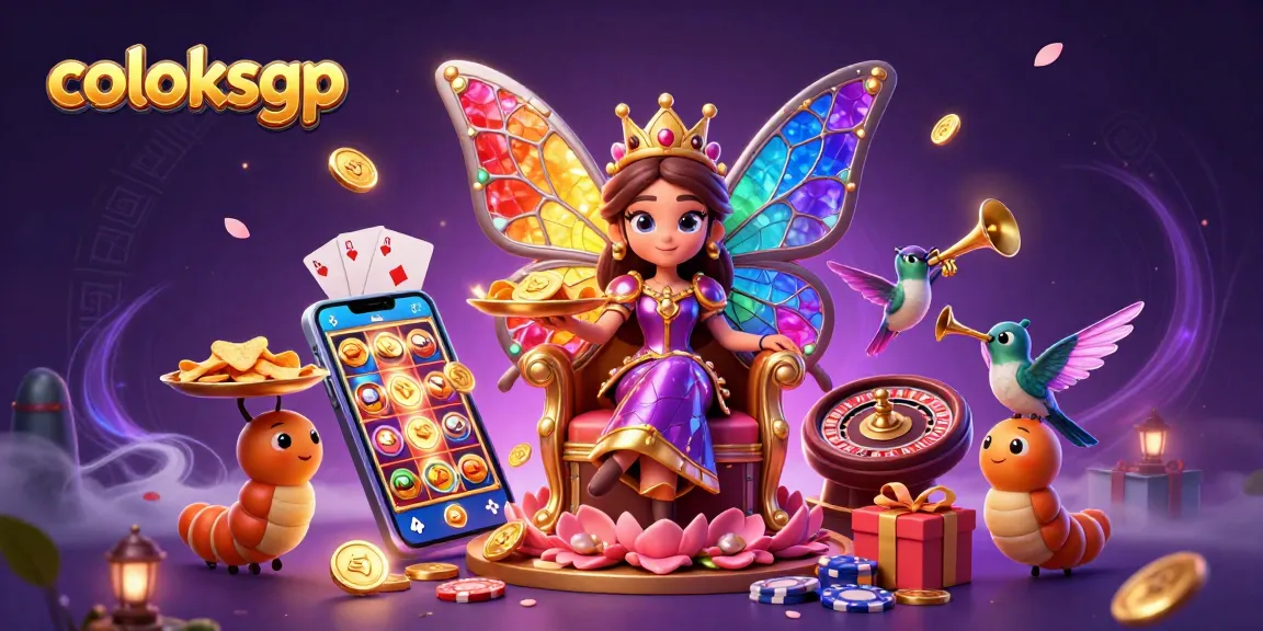coloksgp menampilkan ratu kupu-kupu kartun 3D dengan sayap kaca berwarna gem, dikelilingi elemen judi bola yang kaya