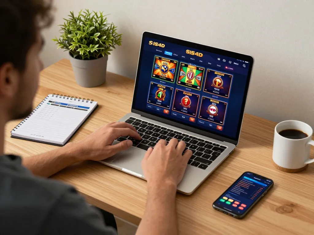 Player engaging with SIS4D's online slots from a cozy home office setting, reflecting responsible gambling.