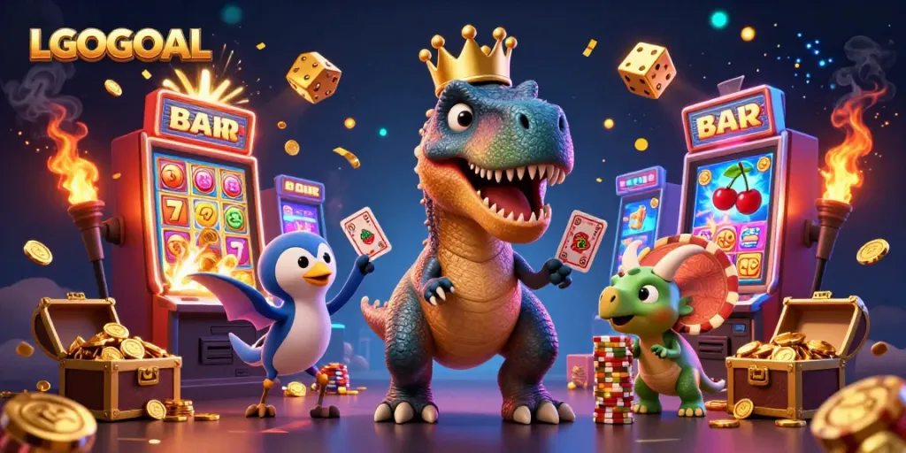 Experience exciting gameplay at LGOGOAL with a friendly T-Rex and vibrant casino visuals.
