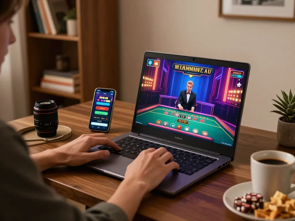 Engaging in online casino gaming on LGOLUX with vibrant graphics and stylish setup.