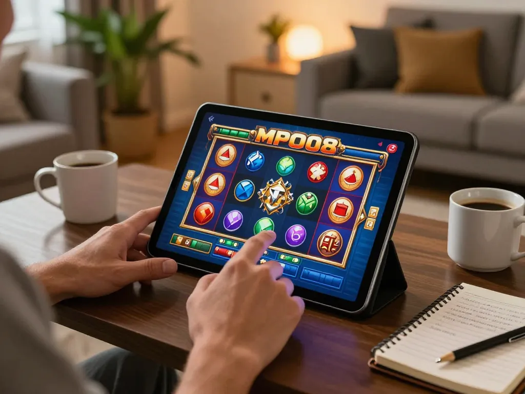 MPO08 online gaming experience showcasing interactive slot session on tablet with cozy ambiance.