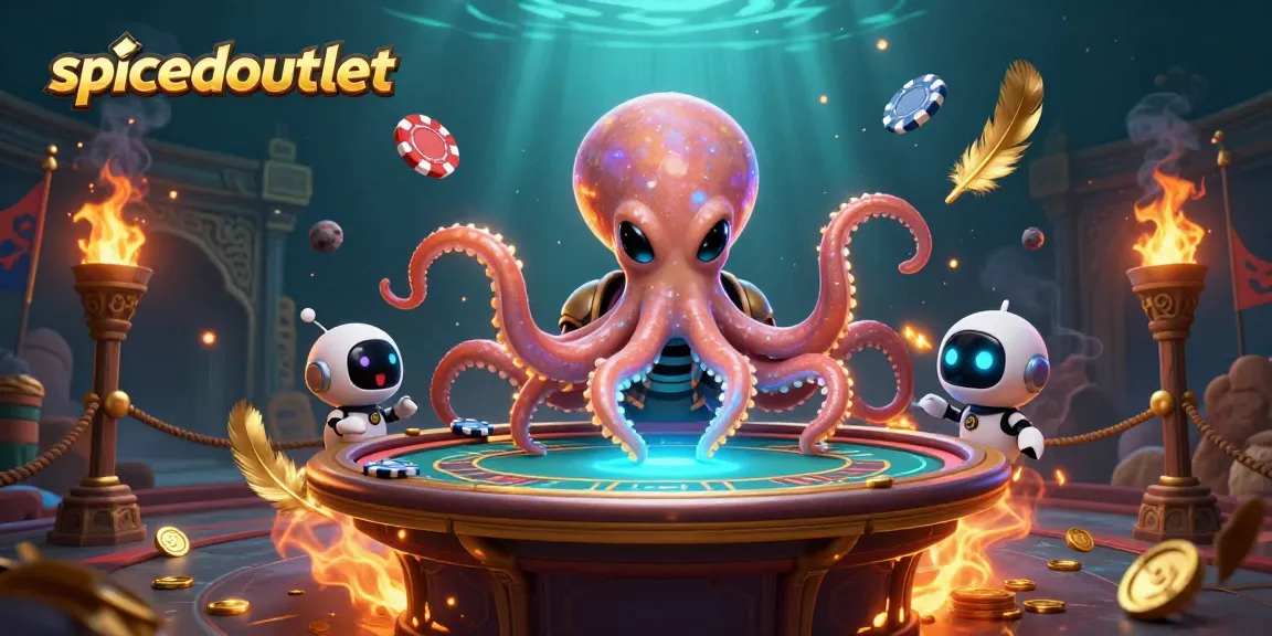 Spacedoutlet menghadirkan ilustrasi kasino yang menarik dengan karakter alien dan poker chips berputar.