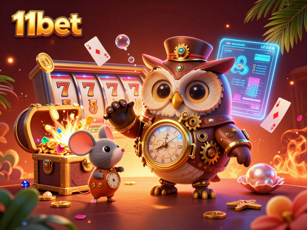 Engage with 11bet in a colorful, interactive casino scene featuring steampunk elements and vibrant games.
