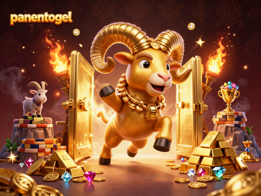 Experience the excitement of panentogel with a dynamic illustration showcasing a golden ram charging at a treasure vault.