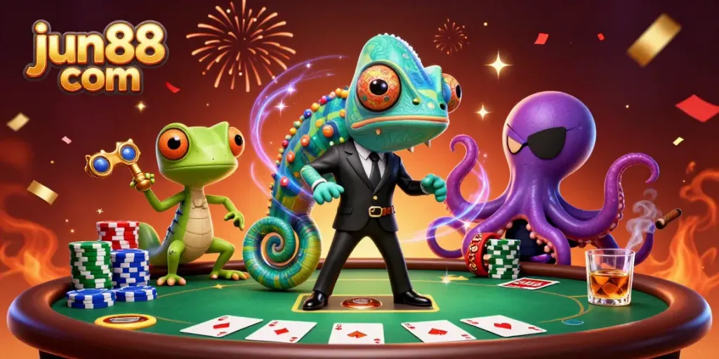 Experience thrilling gameplay at jun88 com with vibrant casino illustrations featuring poker action and animated characters.