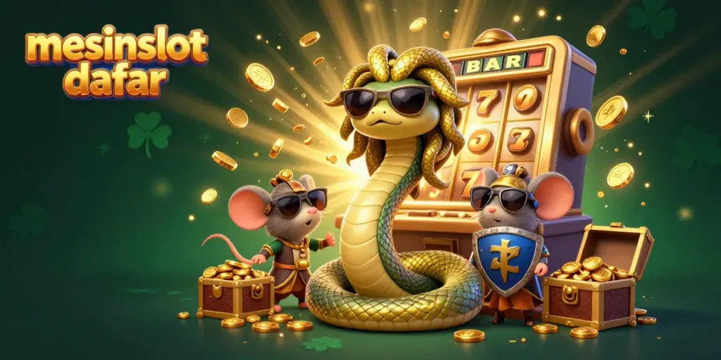 Spin and win with mesinslot daftar in a vibrant casino scene featuring Medusa and a warrior mouse.