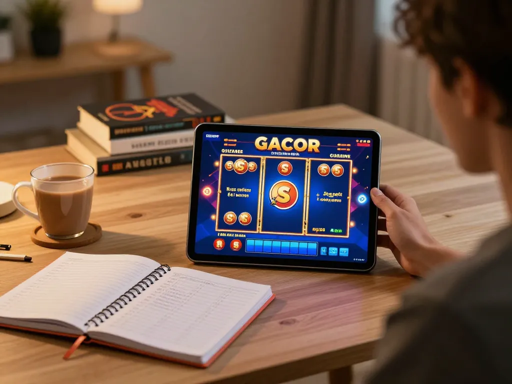 Player engaged with slot gacor games on a tablet, showcasing strategic gambling environment.